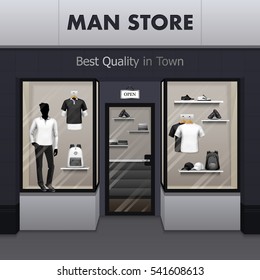 Mens Sportswear Workout And Outdoor Active Wear Best Quality Fashionable Clothes Store Window Display Street View Vector Illustration 