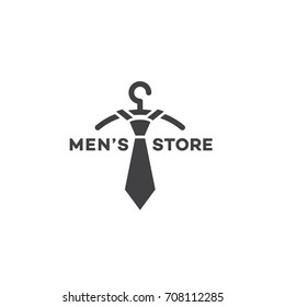 Men's store logo template design with a hanger and a tie. Vector illustration.