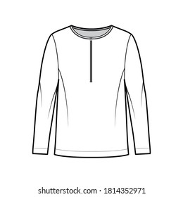 Men's style cotton-jersey top technical fashion illustration with long sleeves, scoop henley neckline with zip, loose fit. Flat outwear apparel shirt template front, white color. Women, unisex mockup