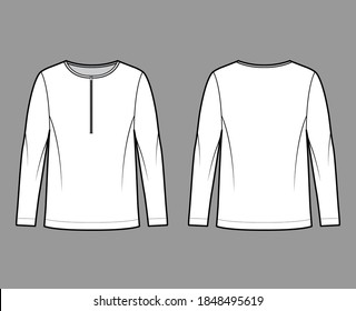 Men's style cotton-jersey top technical fashion illustration with long sleeves, scoop henley neckline with zip, loose fit. Flat outwear apparel shirt template front back white color. Women, unisex CAD