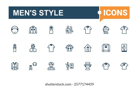 Men's Style icon set. Featuring clothing, vest, man, men, pants, style and more. Pixel perfect. Solid line editable vector illustration.