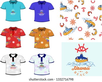 Men's submarine pattern and print. Fashion collection polo collar color and pattern work