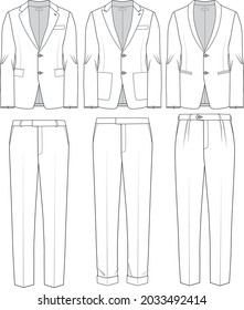 Mens Suit Fashion Flats For Pleated Pants And Sports Jackets For Fashion Design Vector Technical Drawings