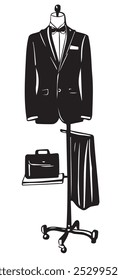 Men's suit hanger. Wardrobe Item Black and White Illustration Simple style vector