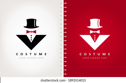 Mens suit logo vector. Hat, bow tie and jacket design.