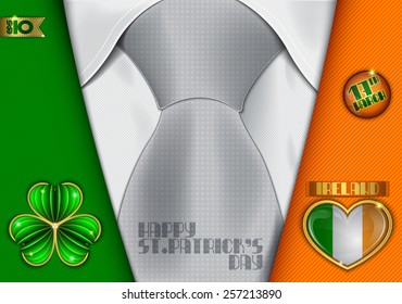 Men's suit with a white shirt and tie, and with the inscription Happy St.Patrick's day