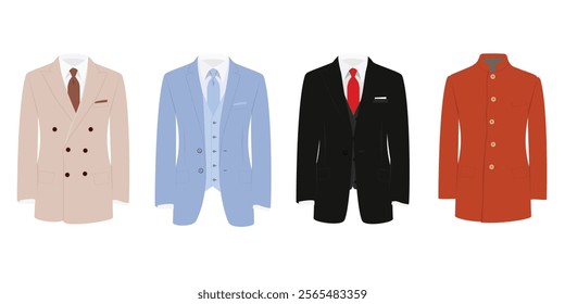 Men's suits  isolated on white background. Black suit with red tie and white shirt. Purple suit with blue tie. Beige suit with brown tie. Mandarin Mao suit chinese traditional garment. Vector