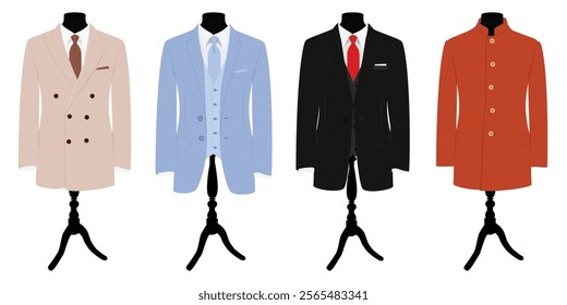 Men's suits on mannequin isolated on white background. Black suit with red tie and white shirt. Purple suit with blue tie.Beige suit with brown tie. Mandarin Mao suit chinese traditional garment.