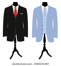 Men's suits on mannequin isolated on white background. Black suit with red tie and white shirt. Purple suit with blue tie. Vector