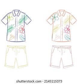 Ilustración vectorial de ropa de verano masculina. Ilustración De Vectores De Verano De La Camisa Y La Playa De Hawái Dibujada A Mano
