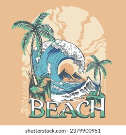 playa tropical de verano de los hombres grandes olas tema vintage retro camiseta vectorial huellas gráficas, verano playa sol de sol diseño de vectores de impresión, Beach Paradise Imprimir camiseta Gráfico 