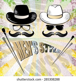 mens sunglasses, hat and cane, retro background ,vector illustration