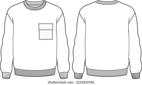 Men's sweater long sleeve Crew neck T Shirt flat sketch fashion illustration drawing template mock up with front and back view