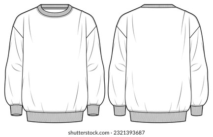 Men's sweater long sleeve Crew neck T Shirt flat sketch fashion illustration drawing template mock up with front and back view, Sweatshirt cad drawing 