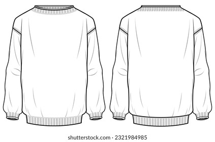 Men's sweater long sleeve Crew neck T Shirt flat sketch fashion illustration drawing template mock up with front and back view, boat neck Sweatshirt cad drawing 