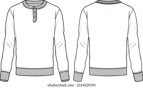 Men's sweater long sleeve hanley T Shirt flat sketch fashion illustration drawing template mock up with front and back view