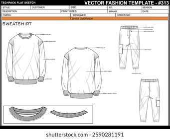 MENS SWEATSHIRT DRESS DRAWING SKETCH PATTERN FASHION TEMPLATE TECHNICAL DRAWING ILLUSTRATION