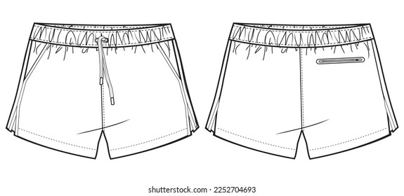 Men's Swim verkürzt Front- und Rückansicht flache Sketch-Modegrafik, mit Jogger-Kurzzeichnung, Vektorvorlage