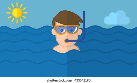 Men's Swimming on the sea background. Flat vector stock