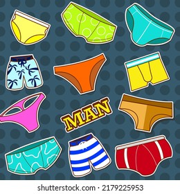 Pegatinas de baúles de natación para hombres.  Pantalones cortos, boxeadores, calzoncillos de los hombres, calzoncillos sin borde. Ilustración del vector Doodle.