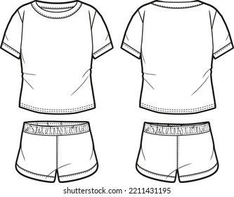 Mens T Shirt and short set flat sketch illustration, Set of sleepwear short sleeve t shirt, pajama set casual wear fashion illustration template mock up