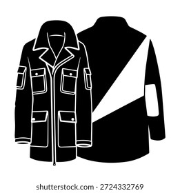 La chaqueta táctica del campo de los hombres con los bolsillos utilitarios múltiples y la Ilustración vectorial asimétrica de la silueta del diseño trasero para el concepto al aire libre de la moda de la ropa
