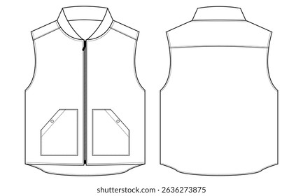 Mens Tactical Vest, Tactical Jacket, Workwear flat design, Technical drawing vector