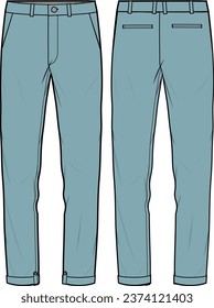 Pantalones Chino adaptados a los hombres diseñan dibujos planos ilustraciones vectoriales, concepto de pantalones de pantalones delgados y formales con visión delantera y trasera, planta de caqui para trajes