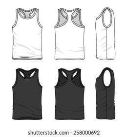 Men's tank top  in front, back and side views. Blank templates in white and black colors. Casual style. Vector illustration for your fashion design. 
