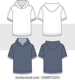 Men's Tee Shirt fashion flat technical drawing template. Short Sleeve Sweatshirt technical fashion Illustration, hood, relaxed fit, front and back view, men unisex CAD, mockup.