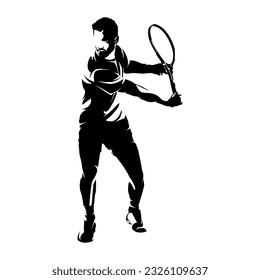 Men's tennis player vector silhouettes on white background isolated.  Silhouette of a tennis player with racket hits the ball. Vector illustration