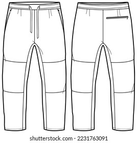 Men's Three quarter active shorts front and back view flat sketch fashion illustration, Knitted Jogger cropped three quarter short vector template drawing