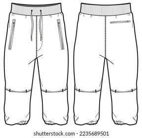 Men's Three quarter active shorts front and back view flat sketch fashion illustration, Knitted Jogger cropped three quarter short vector template drawing, Training pants 