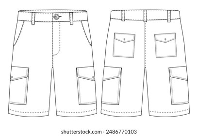 Mens three quarter shorts short pants front and back view flat sketch vector template illustration