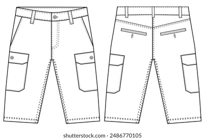 Mens three quarter shorts short pants front and back view flat sketch vector template illustration