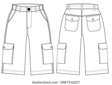 Mens three quarter shorts short pants front and back view flat sketch vector template illustration