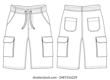 Mens three quarter shorts short pants front and back view flat sketch vector template illustration