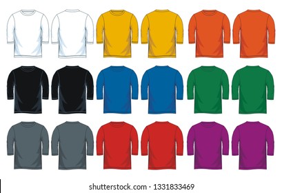 Men's three-quarter round neck t-shirt templates, 
Front and back views. Colorful variants. Vector illustration.