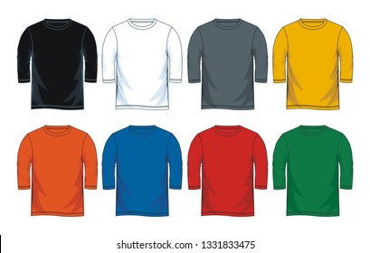 Men's three-quarter round neck t-shirt templates, 
Front views. Colorful variants. Vector illustration.