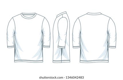 Men's three-quarter round neck t-shirt templates, Front, side and back views. Vector illustration.
