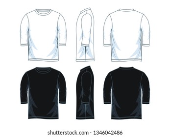 Men's three-quarter round neck t-shirt templates, Front, side and back views. Vector illustration.
