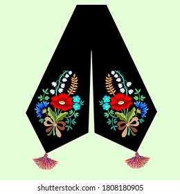 Men's Tie black  for folk holiday costume,red poppy,blue cornflower,white lilies of the valley,yellow wheat,wildflowers,bouquet,hand-drawn,pattern for embroidery,for printing postcards,invitations