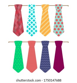 Men's ties in different styles and colors on a white background.