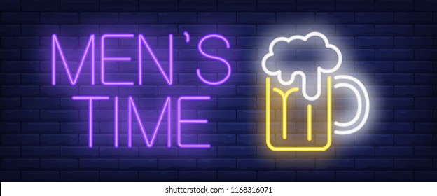 Mens Time Neon Sign. Glowing Bar Lettering And Beer Mug With Froth On Brick Background. Night Bright Advertisement. Vector Illustration In Neon Style For Bars And Pubs