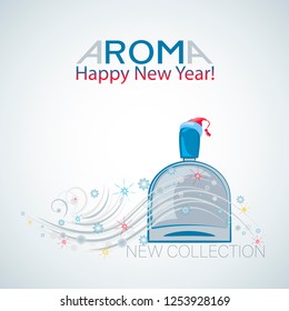 Men's toilet water. NEW YEAR AROMA. Festive collection. Design greeting card, poster, gift certificate male fragrance. A round-shaped glass bottle with a new flavor.