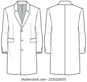 Men's topcoat notch lapel Blazer Jacket suit flat sketch fashion illustration technical drawing with front and back view, Long line overcoat blazer sketch