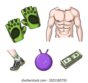 Men's torso, gymnastic gloves, jumping ball, sneakers. Fitnes set collection icons in cartoon style vector symbol stock illustration web.