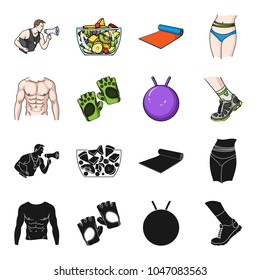 Men's torso, gymnastic gloves, jumping ball, sneakers. Fitnes set collection icons in black,cartoon style vector symbol stock illustration web.