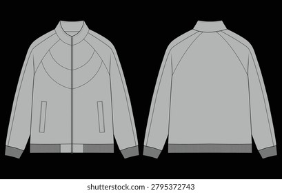 Men's Track Jacket Technical Flat Sketch Front and Back Zip Up View