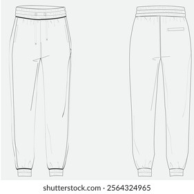 Mens Track pant flat sketch, outline in vector and jpg